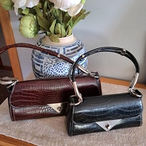 Black Croc-Embossed Leather Shoulder Bag